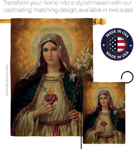 Feast of The Immaculate Heart of Mary Burlap Flag Wood Dowel Set Burlap Wall Hanging Decor Home Porch Religious Canvas Room Tapestry Faith Cemetery Decorations for Grave Yard Sign Catholic Gift in Saudi Arabia