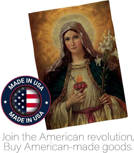Feast of The Immaculate Heart of Mary Burlap Flag Wood Dowel Set Burlap Wall Hanging Decor Home Porch Religious Canvas Room Tapestry Faith Cemetery Decorations for Grave Yard Sign Catholic Gift in Saudi Arabia