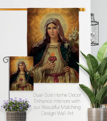 Feast of The Immaculate Heart of Mary Burlap Flag Wood Dowel Set Burlap Wall Hanging Decor Home Porch Religious Canvas Room Tapestry Faith Cemetery Decorations for Grave Yard Sign Catholic Gift in Saudi Arabia