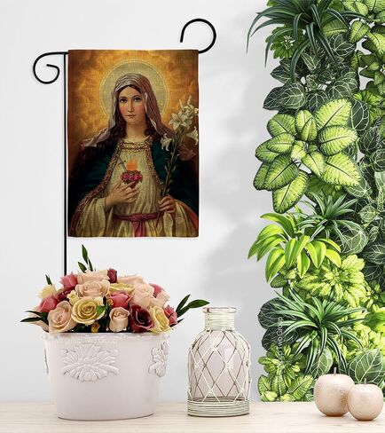 Feast of The Immaculate Heart of Mary Burlap Flag Wood Dowel Set Burlap Wall Hanging Decor Home Porch Religious Canvas Room Tapestry Faith Cemetery Decorations for Grave Yard Sign Catholic Gift in Saudi Arabia