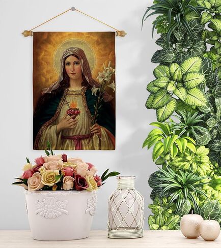 Feast of The Immaculate Heart of Mary Burlap Flag Wood Dowel Set Burlap Wall Hanging Decor Home Porch Religious Canvas Room Tapestry Faith Cemetery Decorations for Grave Yard Sign Catholic Gift in Saudi Arabia