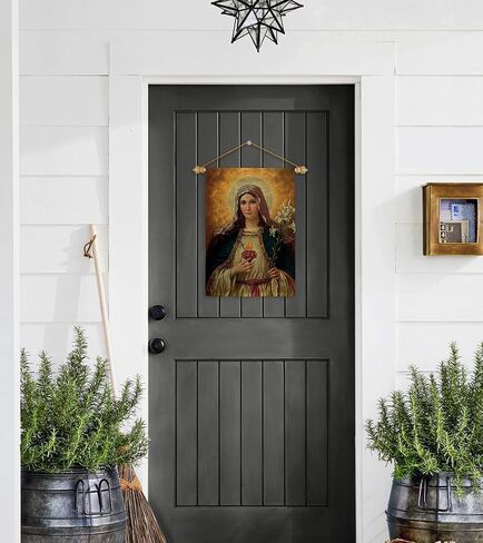 Feast of The Immaculate Heart of Mary Burlap Flag Wood Dowel Set Burlap Wall Hanging Decor Home Porch Religious Canvas Room Tapestry Faith Cemetery Decorations for Grave Yard Sign Catholic Gift in Saudi Arabia