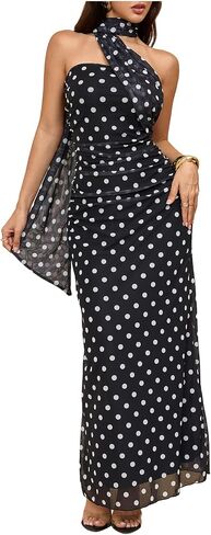 Milumia Women's Polka Dots Mesh Halter Dress Elegant Ruched Bodycon Maxi Dresses with Scarf in Saudi Arabia