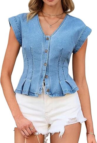 Women's Summer Sleeveless V-Neck Denim Vest Casual Buttoned Slim Pleated Denim Top in Saudi Arabia