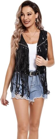 MISI CHAO Sequin Fringe Jackets Sparkly Tassel Vest Women 70s Hippie Rivet Sleeveless Open Front Western Cowgirl Coat in Saudi Arabia