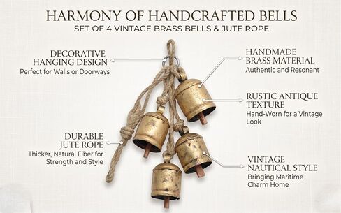 Set of 4 Vintage Brass Harmony Bells | Handmade Rustic Hanging Bells for Home, Garden & Christmas Decor | Large Decorative Wind Chime Wall Hanging in Saudi Arabia