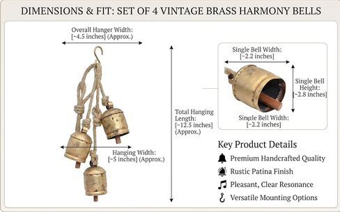 Set of 4 Vintage Brass Harmony Bells | Handmade Rustic Hanging Bells for Home, Garden & Christmas Decor | Large Decorative Wind Chime Wall Hanging in Saudi Arabia