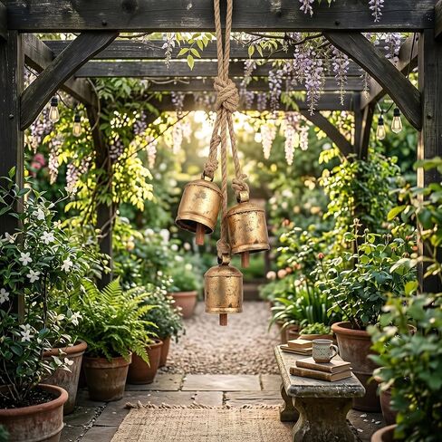 Set of 4 Vintage Brass Harmony Bells | Handmade Rustic Hanging Bells for Home, Garden & Christmas Decor | Large Decorative Wind Chime Wall Hanging in Saudi Arabia