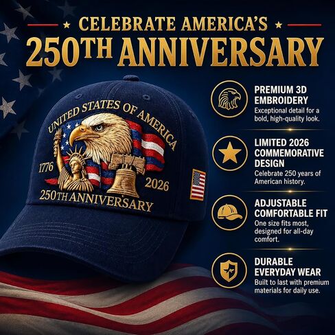 250th Anniversary USA Hat, Adjustable Patriotic Baseball Cap for Men Women, 1776-2026, Exquisite EmbroideryTribute Patriotic Hat, 250 Year American Anniversary Hat for Patriots & Veterans in Saudi Arabia