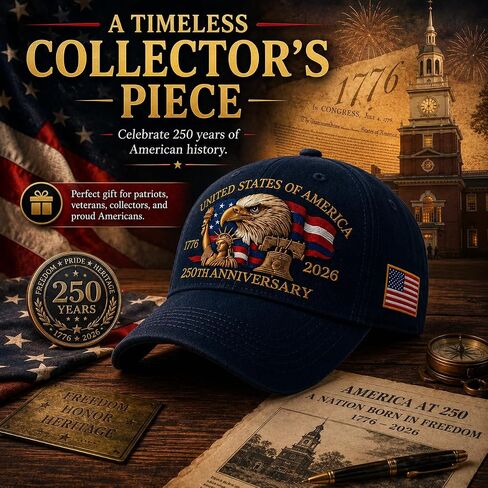 250th Anniversary USA Hat, Adjustable Patriotic Baseball Cap for Men Women, 1776-2026, Exquisite EmbroideryTribute Patriotic Hat, 250 Year American Anniversary Hat for Patriots & Veterans in Saudi Arabia