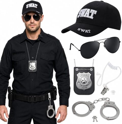 4 PCS Police Costume Accessories Cop Hat with Badge Sunglasses Handcuffs, Swat Gear for Adults Men Women Halloween Cosplay in Saudi Arabia
