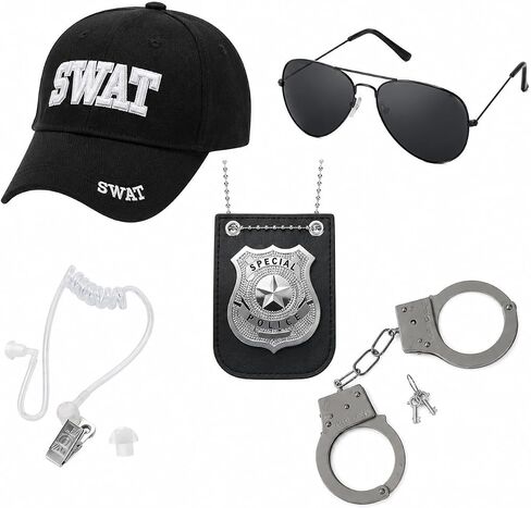 4 PCS Police Costume Accessories Cop Hat with Badge Sunglasses Handcuffs, Swat Gear for Adults Men Women Halloween Cosplay in Saudi Arabia