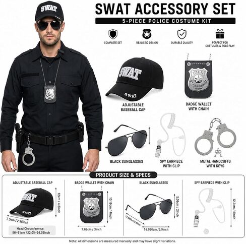 4 PCS Police Costume Accessories Cop Hat with Badge Sunglasses Handcuffs, Swat Gear for Adults Men Women Halloween Cosplay in Saudi Arabia