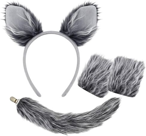 Grey Wolf Ears Headband and Tail with Gloves, Wolf Costume Men Women Adult, Wolf Ears and Tail Set, Dog Ears and Tail for Halloween Cosplay Party in Saudi Arabia