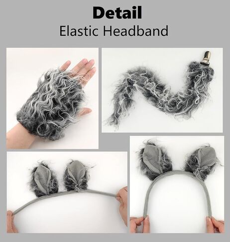Grey Wolf Ears Headband and Tail with Gloves, Wolf Costume Men Women Adult, Wolf Ears and Tail Set, Dog Ears and Tail for Halloween Cosplay Party in Saudi Arabia