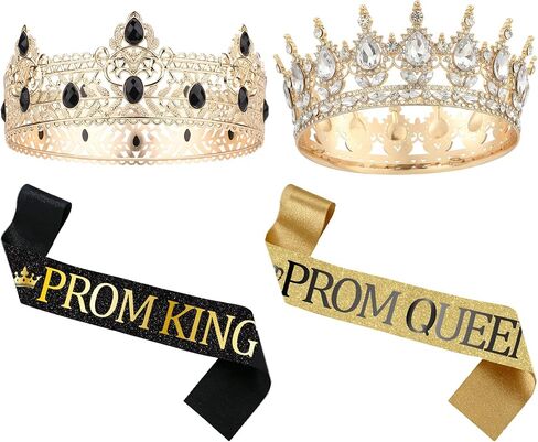 Prom King and Queen Crown Set - 4 Pcs Gold Crown Reinstone Tiara with Satin Sashes for Graduation Prom Accessories in Saudi Arabia