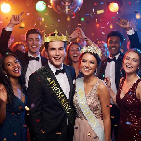 Prom King and Queen Crown Set - 4 Pcs Gold Crown Reinstone Tiara with Satin Sashes for Graduation Prom Accessories in Saudi Arabia