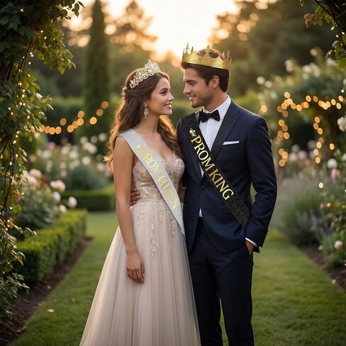 Prom King and Queen Crown Set - 4 Pcs Gold Crown Reinstone Tiara with Satin Sashes for Graduation Prom Accessories in Saudi Arabia