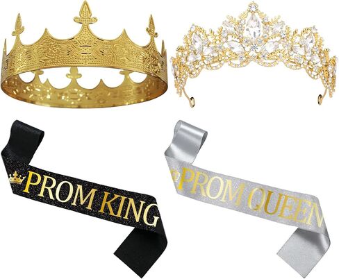 Prom King and Queen Crown Set - 4 Pcs Gold Crown Reinstone Tiara with Satin Sashes for Graduation Prom Accessories in Saudi Arabia