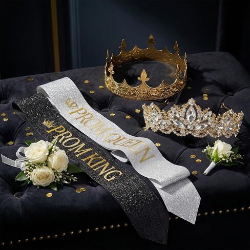 Prom King and Queen Crown Set - 4 Pcs Gold Crown Reinstone Tiara with Satin Sashes for Graduation Prom Accessories in Saudi Arabia