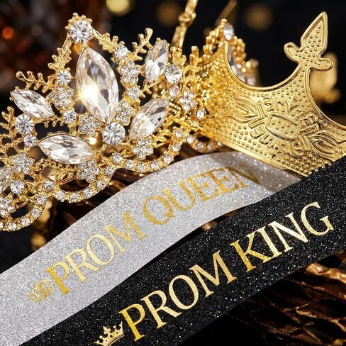 Prom King and Queen Crown Set - 4 Pcs Gold Crown Reinstone Tiara with Satin Sashes for Graduation Prom Accessories in Saudi Arabia