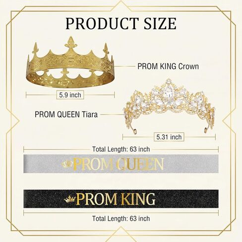 Prom King and Queen Crown Set - 4 Pcs Gold Crown Reinstone Tiara with Satin Sashes for Graduation Prom Accessories in Saudi Arabia