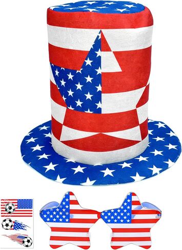 Hikkcos 4th of July Hat Patriotic Hat USA Costume Accessories with Flag Sun Glasse & Tattoos Red White Blue Costume for 250 Years & Parties in Kuwait