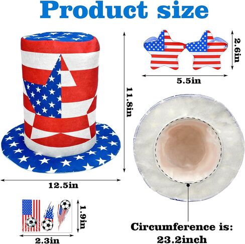 Hikkcos 4th of July Hat Patriotic Hat USA Costume Accessories with Flag Sun Glasse & Tattoos Red White Blue Costume for 250 Years & Parties in Kuwait