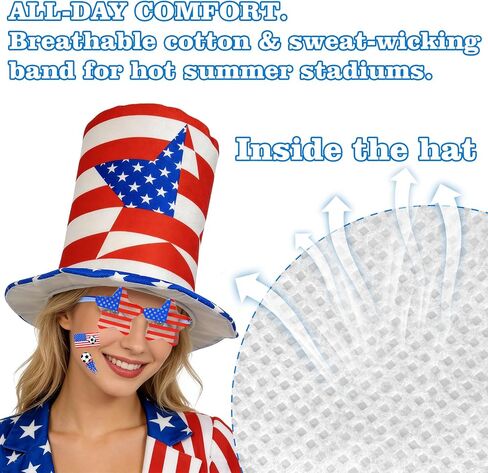 Hikkcos 4th of July Hat Patriotic Hat USA Costume Accessories with Flag Sun Glasse & Tattoos Red White Blue Costume for 250 Years & Parties in Kuwait
