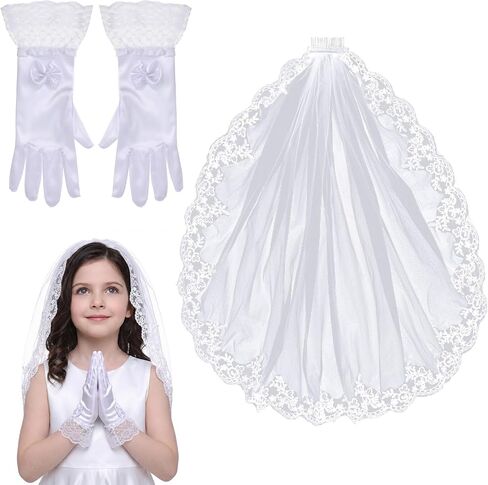 2 Pcs First Communion Veil and Gloves Set, 1 Tier White Floral Edge Catholic Veil, 1st Holy Communion Accessories for Wedding Party Costume First Communion Dress Up in Saudi Arabia