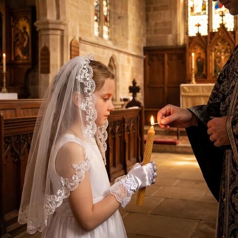 2 Pcs First Communion Veil and Gloves Set, 1 Tier White Floral Edge Catholic Veil, 1st Holy Communion Accessories for Wedding Party Costume First Communion Dress Up in Saudi Arabia