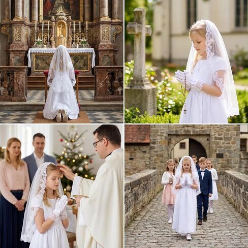 2 Pcs First Communion Veil and Gloves Set, 1 Tier White Floral Edge Catholic Veil, 1st Holy Communion Accessories for Wedding Party Costume First Communion Dress Up in Saudi Arabia