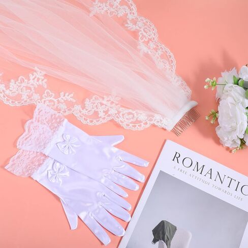 2 Pcs First Communion Veil and Gloves Set, 1 Tier White Floral Edge Catholic Veil, 1st Holy Communion Accessories for Wedding Party Costume First Communion Dress Up in Saudi Arabia