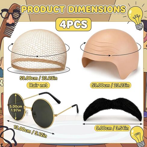 4PCS Pitbull Bald Cap, Complete Costume Set for Performances, Bald Cap Set Includes Mustache Glasses Gloves Hair Net, Versatile Stage Show Accessories, Party Kit Brown in Saudi Arabia
