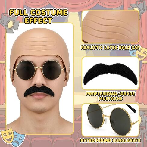 4PCS Pitbull Bald Cap, Complete Costume Set for Performances, Bald Cap Set Includes Mustache Glasses Gloves Hair Net, Versatile Stage Show Accessories, Party Kit Brown in Saudi Arabia