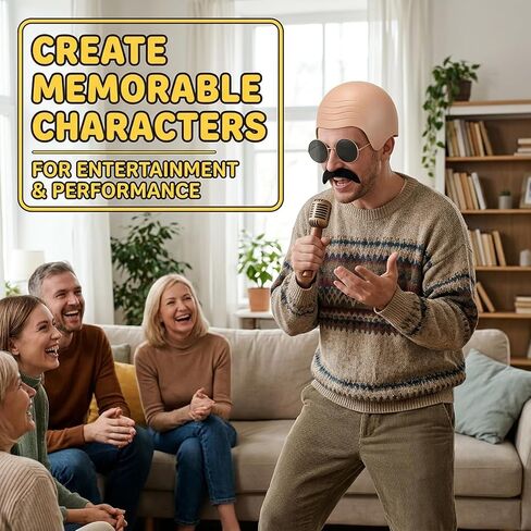 4PCS Pitbull Bald Cap, Complete Costume Set for Performances, Bald Cap Set Includes Mustache Glasses Gloves Hair Net, Versatile Stage Show Accessories, Party Kit Brown in Saudi Arabia