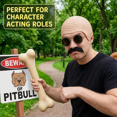 4PCS Pitbull Bald Cap, Complete Costume Set for Performances, Bald Cap Set Includes Mustache Glasses Gloves Hair Net, Versatile Stage Show Accessories, Party Kit Brown in Saudi Arabia