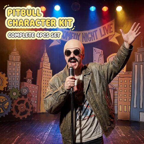 4PCS Pitbull Bald Cap, Complete Costume Set for Performances, Bald Cap Set Includes Mustache Glasses Gloves Hair Net, Versatile Stage Show Accessories, Party Kit Brown in Saudi Arabia
