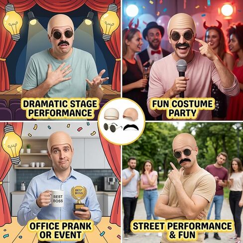 4PCS Pitbull Bald Cap, Complete Costume Set for Performances, Bald Cap Set Includes Mustache Glasses Gloves Hair Net, Versatile Stage Show Accessories, Party Kit Brown in Saudi Arabia