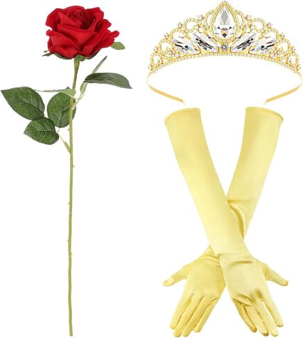 Preboun Princess Costume Accessories for Women, Gold Crown Yellow Long Gloves Rose Flower Kit for Halloween Cosplay Birthday in Kuwait
