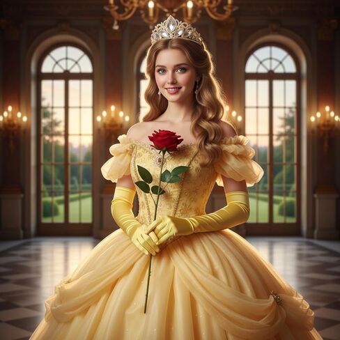 Preboun Princess Costume Accessories for Women, Gold Crown Yellow Long Gloves Rose Flower Kit for Halloween Cosplay Birthday in Kuwait