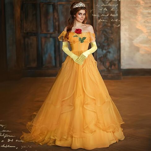 Preboun Princess Costume Accessories for Women, Gold Crown Yellow Long Gloves Rose Flower Kit for Halloween Cosplay Birthday in Kuwait