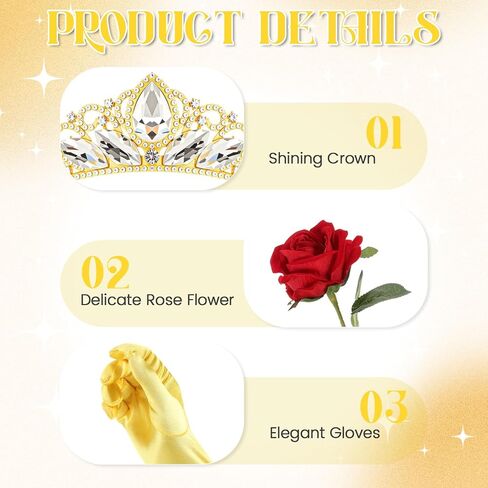Preboun Princess Costume Accessories for Women, Gold Crown Yellow Long Gloves Rose Flower Kit for Halloween Cosplay Birthday in Kuwait