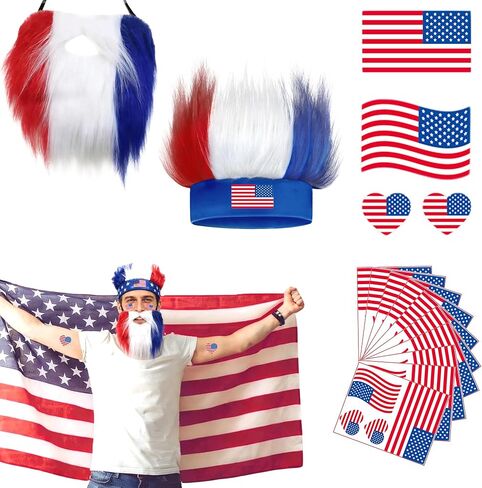 World Cup 2026 Crazy Hat & Beard & Temporary Tattoos(5pcs) for Fan Makeup,Team USA Red white and Blue Accessories for Independence Day in the United States, Sports Events, Parties,Role-Playing in Kuwait