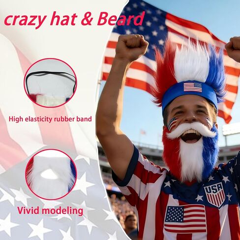 World Cup 2026 Crazy Hat & Beard & Temporary Tattoos(5pcs) for Fan Makeup,Team USA Red white and Blue Accessories for Independence Day in the United States, Sports Events, Parties,Role-Playing in Kuwait