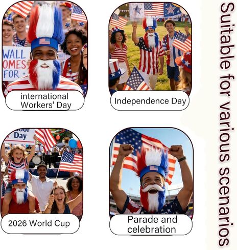World Cup 2026 Crazy Hat & Beard & Temporary Tattoos(5pcs) for Fan Makeup,Team USA Red white and Blue Accessories for Independence Day in the United States, Sports Events, Parties,Role-Playing in Kuwait