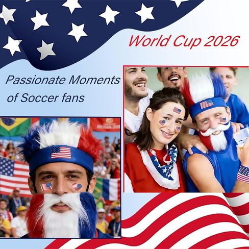 World Cup 2026 Crazy Hat & Beard & Temporary Tattoos(5pcs) for Fan Makeup,Team USA Red white and Blue Accessories for Independence Day in the United States, Sports Events, Parties,Role-Playing in Kuwait