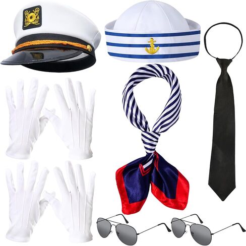 8 Pack Yacht Captain Hat White Sailor Hat Sailor Ship Cap Scarf Sunglasses for Boating Marine Admiral Costume Party Cosplay Accessory in Kuwait