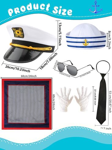 8 Pack Yacht Captain Hat White Sailor Hat Sailor Ship Cap Scarf Sunglasses for Boating Marine Admiral Costume Party Cosplay Accessory in Kuwait