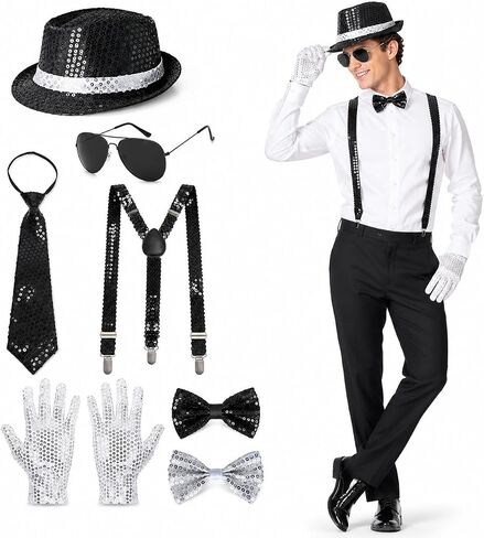 80s Pop Star Costume Accessories Set, Dance Star Outfit Kit with Sequin Fedora Hat, White Sequin Gloves, Sunglasses, Suspenders, Necktie and Bow Ties for Halloween Cosplay Disco Party in Saudi Arabia
